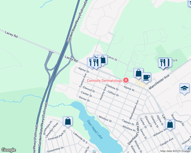 map of restaurants, bars, coffee shops, grocery stores, and more near 1011 Center Street in Lacey Township