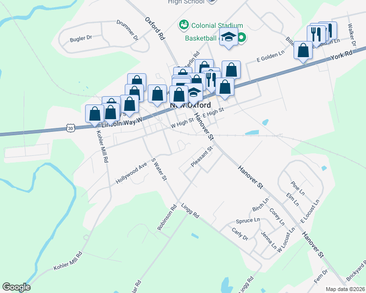 map of restaurants, bars, coffee shops, grocery stores, and more near 8 Oxford Ct in New Oxford