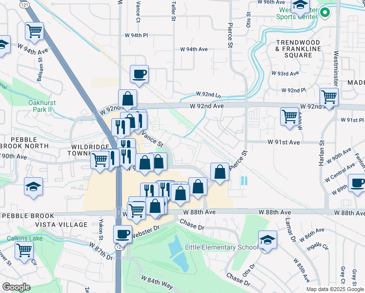 map of restaurants, bars, coffee shops, grocery stores, and more near 9048 Vance Street in Broomfield
