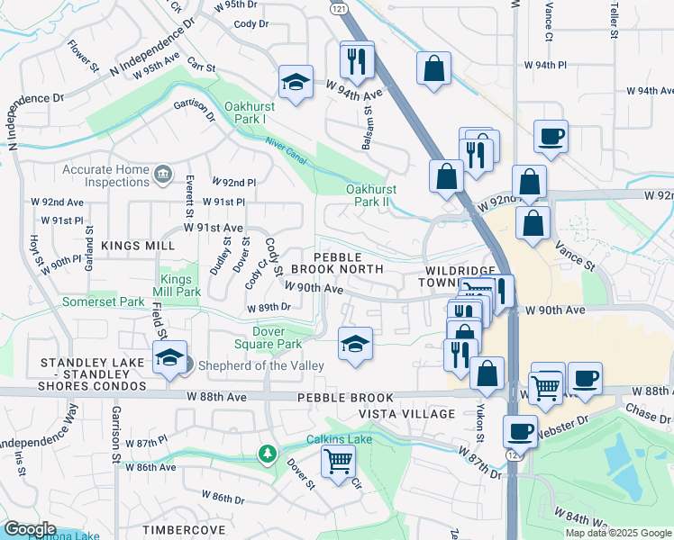 map of restaurants, bars, coffee shops, grocery stores, and more near 8305 West 90th Place in Broomfield