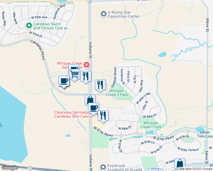 map of restaurants, bars, coffee shops, grocery stores, and more near West 89th Drive in Arvada