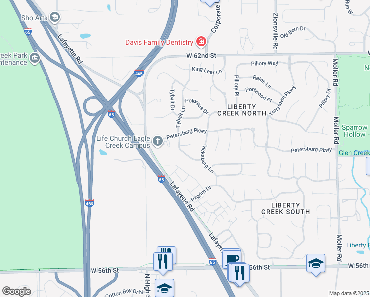 map of restaurants, bars, coffee shops, grocery stores, and more near 6053 Blackley Court in Indianapolis