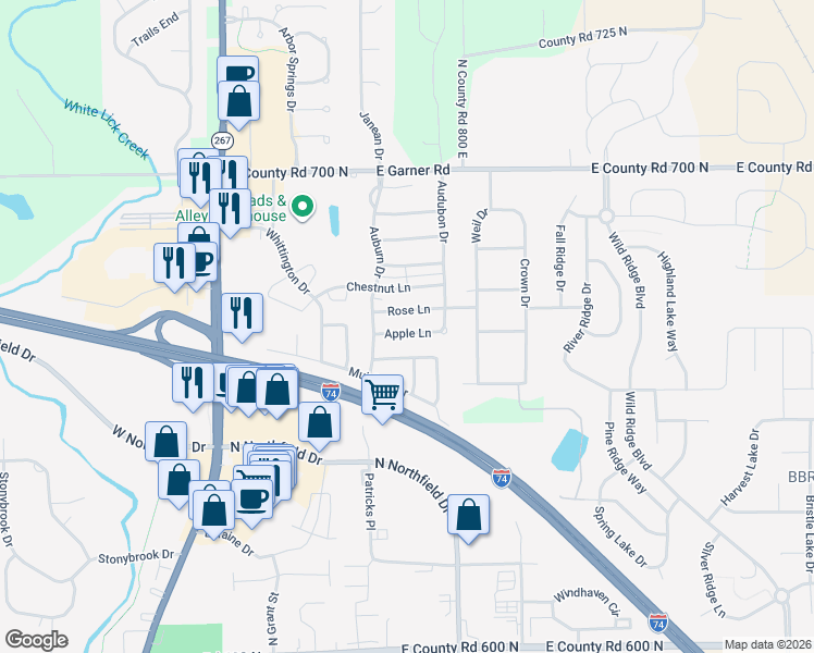 map of restaurants, bars, coffee shops, grocery stores, and more near 722 Apple Ln in Brownsburg