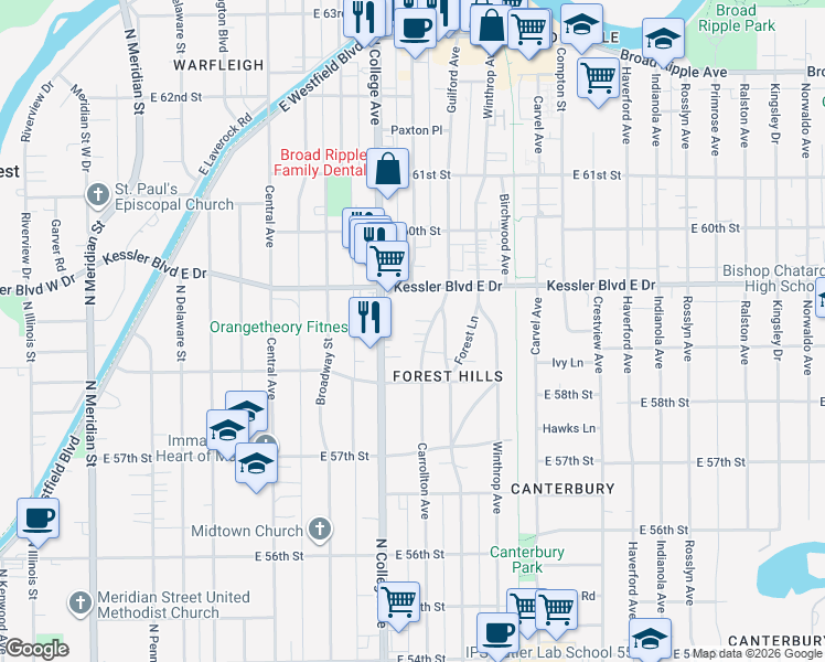 map of restaurants, bars, coffee shops, grocery stores, and more near 5858 Carrollton Avenue in Indianapolis