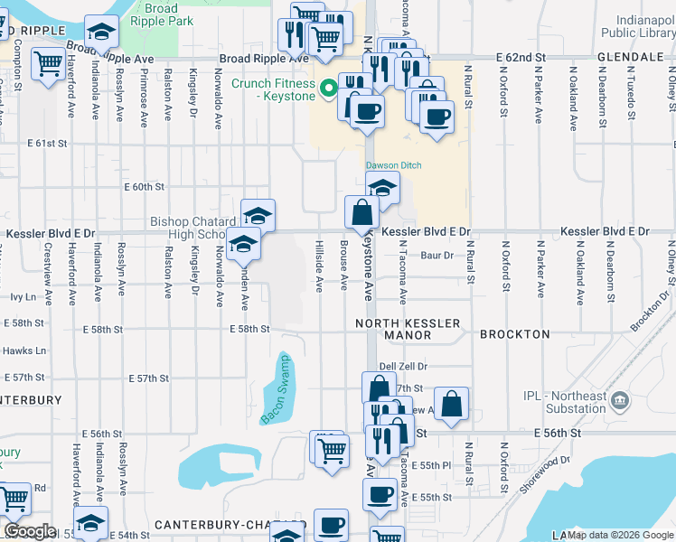 map of restaurants, bars, coffee shops, grocery stores, and more near 5858 Brouse Avenue in Indianapolis