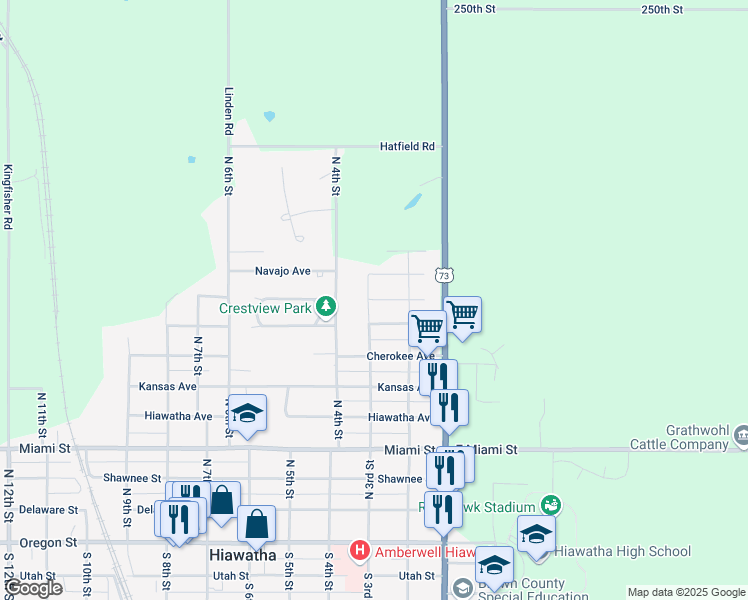 map of restaurants, bars, coffee shops, grocery stores, and more near 298 Pawnee Ave in Hiawatha