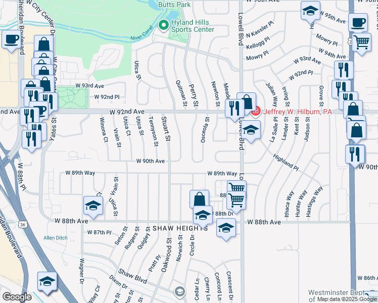 map of restaurants, bars, coffee shops, grocery stores, and more near 9053 Perry Street in Westminster