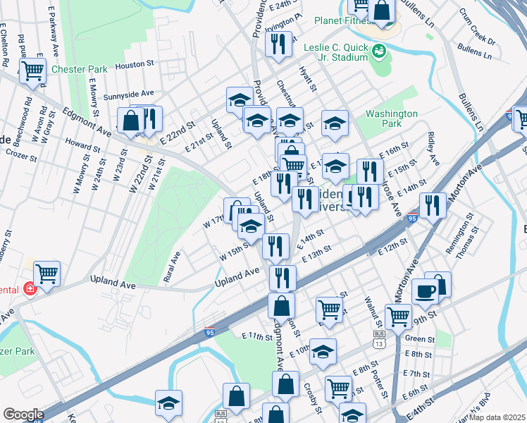 map of restaurants, bars, coffee shops, grocery stores, and more near 1602 Upland Street in Chester