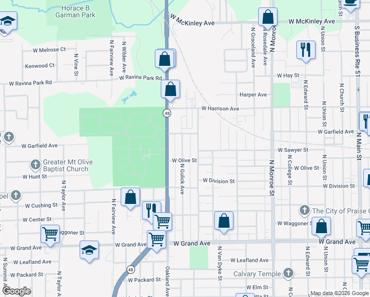map of restaurants, bars, coffee shops, grocery stores, and more near 1904 North Gulick Avenue in Decatur