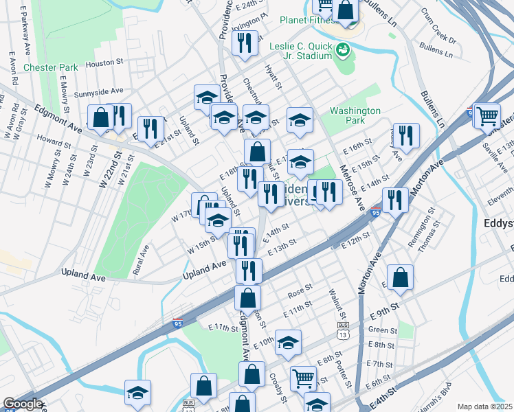 map of restaurants, bars, coffee shops, grocery stores, and more near 1501 Providence Avenue in Chester