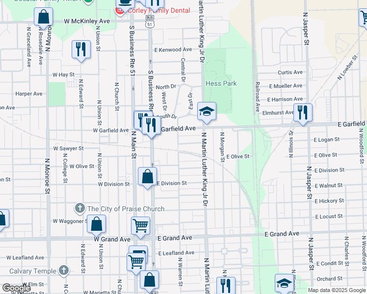 map of restaurants, bars, coffee shops, grocery stores, and more near 401-599 East Johnson Avenue in Decatur