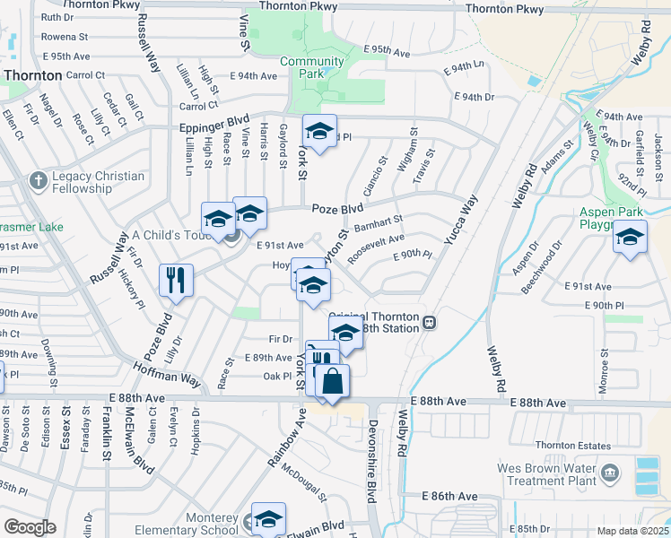 map of restaurants, bars, coffee shops, grocery stores, and more near 9084 Moon Circle in Thornton