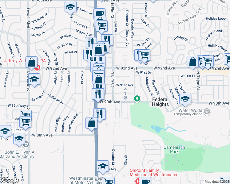 map of restaurants, bars, coffee shops, grocery stores, and more near 9062 North Elm Court in Federal Heights