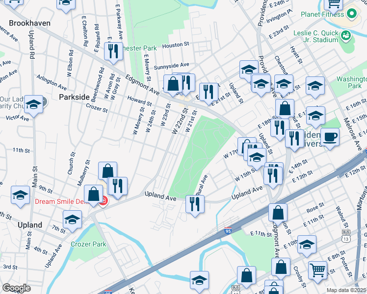 map of restaurants, bars, coffee shops, grocery stores, and more near 31 West 21st Street in Chester