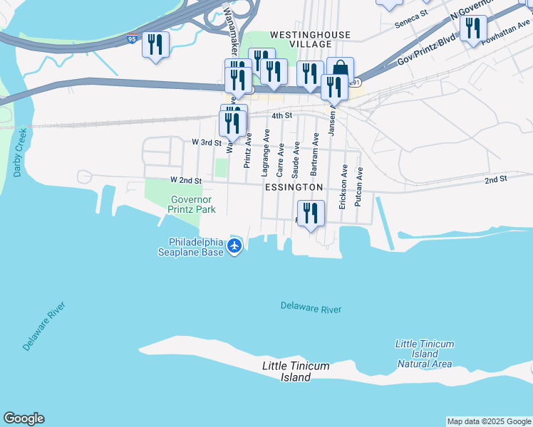 map of restaurants, bars, coffee shops, grocery stores, and more near 202 Front Street in Tinicum Township