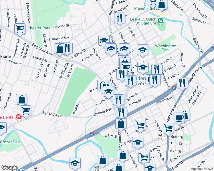 map of restaurants, bars, coffee shops, grocery stores, and more near 1617 Edgmont Avenue in Chester