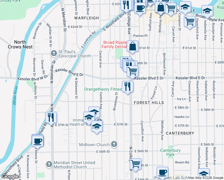map of restaurants, bars, coffee shops, grocery stores, and more near 5840 Broadway Street in Indianapolis