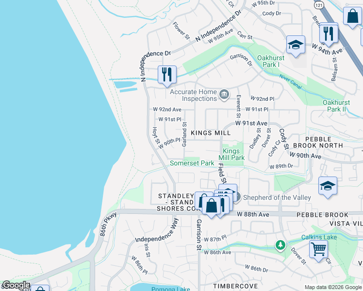 map of restaurants, bars, coffee shops, grocery stores, and more near 9055 Garland Street in Westminster