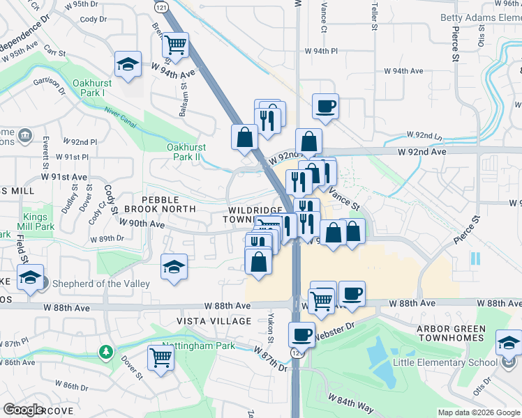 map of restaurants, bars, coffee shops, grocery stores, and more near 7725 West 90th Drive in Westminster