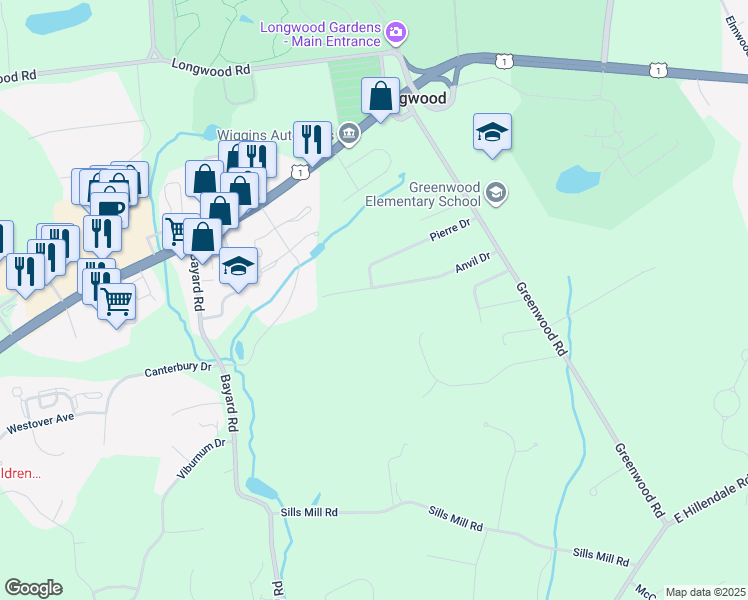 map of restaurants, bars, coffee shops, grocery stores, and more near 406 Anvil Dr in Kennett Square