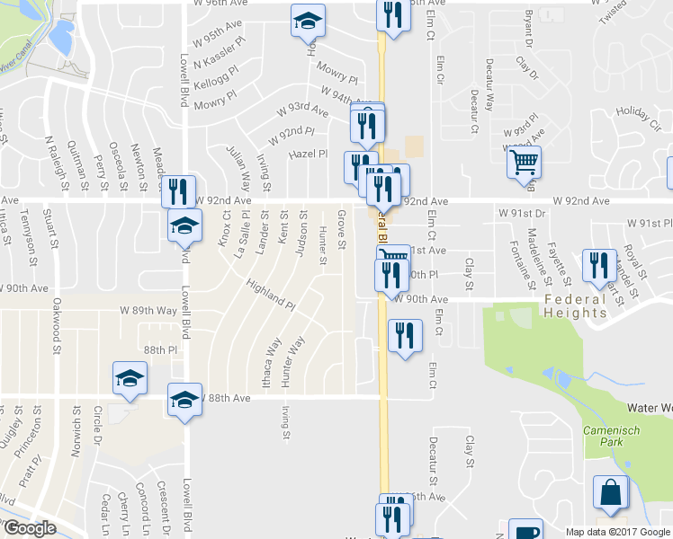 map of restaurants, bars, coffee shops, grocery stores, and more near 9061 Grove Street in Westminster