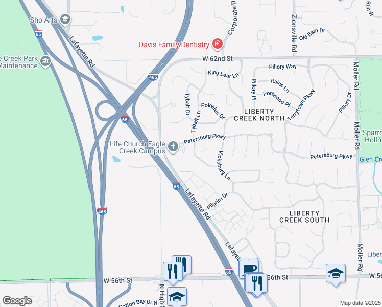 map of restaurants, bars, coffee shops, grocery stores, and more near 6053 Blackley Court in Indianapolis