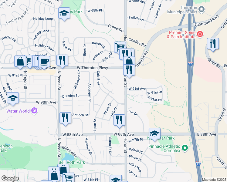map of restaurants, bars, coffee shops, grocery stores, and more near 9102 Gale Boulevard in Thornton