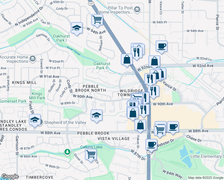 map of restaurants, bars, coffee shops, grocery stores, and more near 8015 West 90th Drive in Westminster
