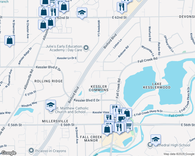 map of restaurants, bars, coffee shops, grocery stores, and more near 5838 Gloucester Circle in Indianapolis
