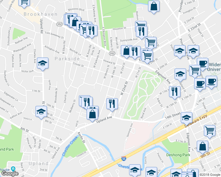 map of restaurants, bars, coffee shops, grocery stores, and more near 301 West 24th Street in Chester