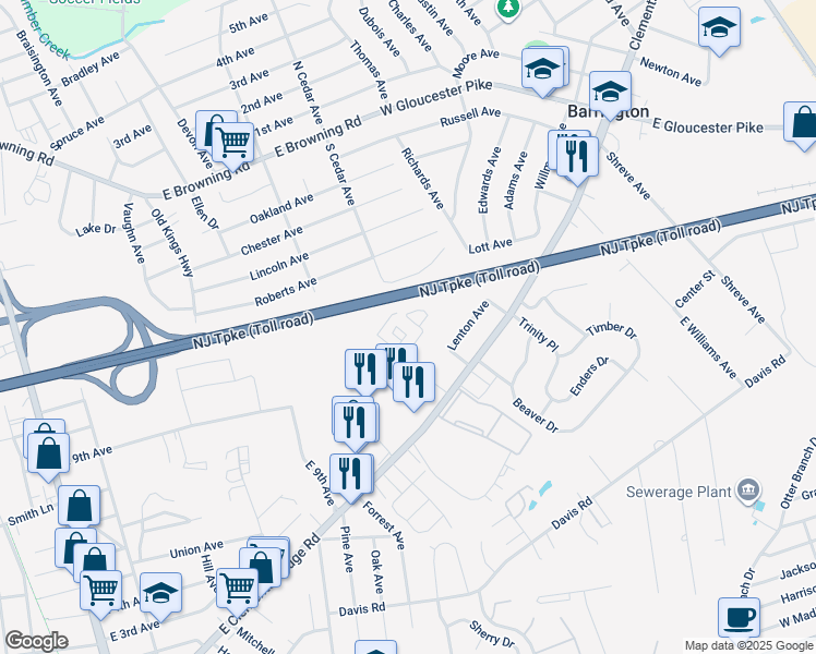 map of restaurants, bars, coffee shops, grocery stores, and more near 2101 Reamer Drive in Barrington