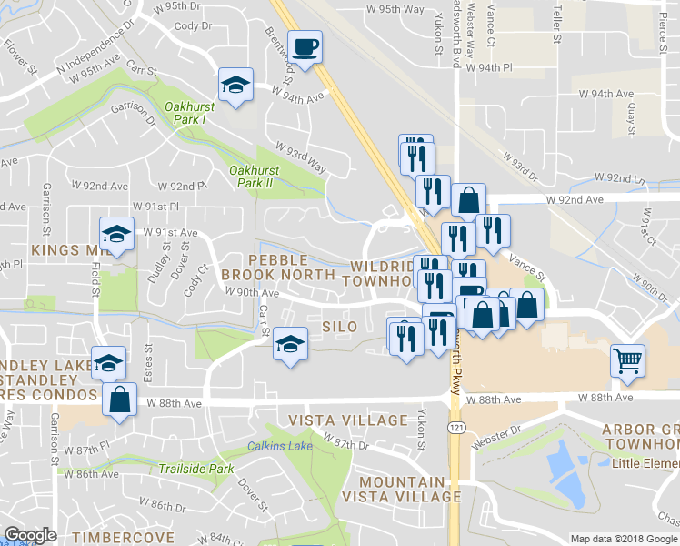 map of restaurants, bars, coffee shops, grocery stores, and more near 8035 West 90th Drive in Westminster