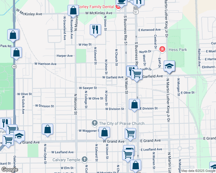 map of restaurants, bars, coffee shops, grocery stores, and more near 1854 North Union Street in Decatur