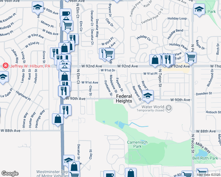 map of restaurants, bars, coffee shops, grocery stores, and more near 9064 Fontaine Street in Federal Heights