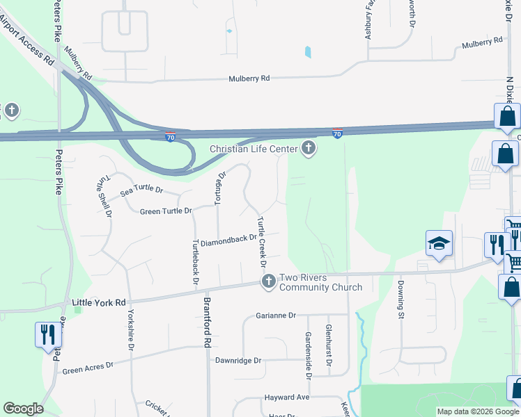 map of restaurants, bars, coffee shops, grocery stores, and more near 7601 Painted Turtle Drive in Dayton