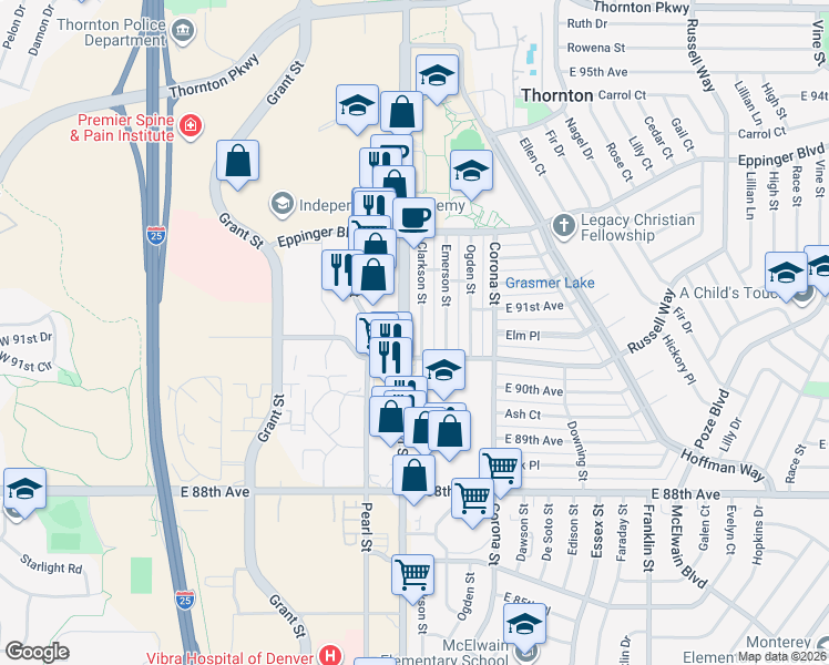 map of restaurants, bars, coffee shops, grocery stores, and more near 9051 Clarkson Street in Thornton