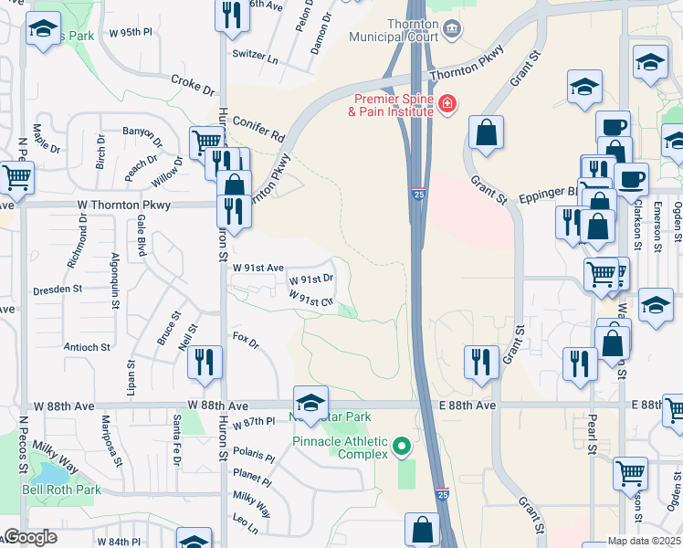 map of restaurants, bars, coffee shops, grocery stores, and more near 444 West 91st Circle in Thornton