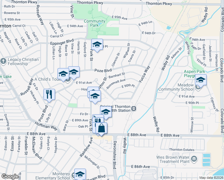 map of restaurants, bars, coffee shops, grocery stores, and more near 2460 Roosevelt Avenue in Thornton