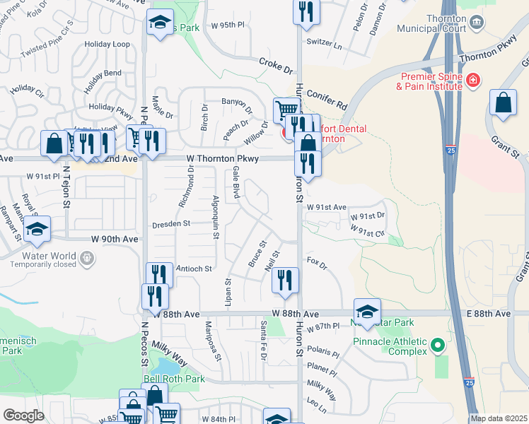 map of restaurants, bars, coffee shops, grocery stores, and more near 9102 Gale Boulevard in Thornton