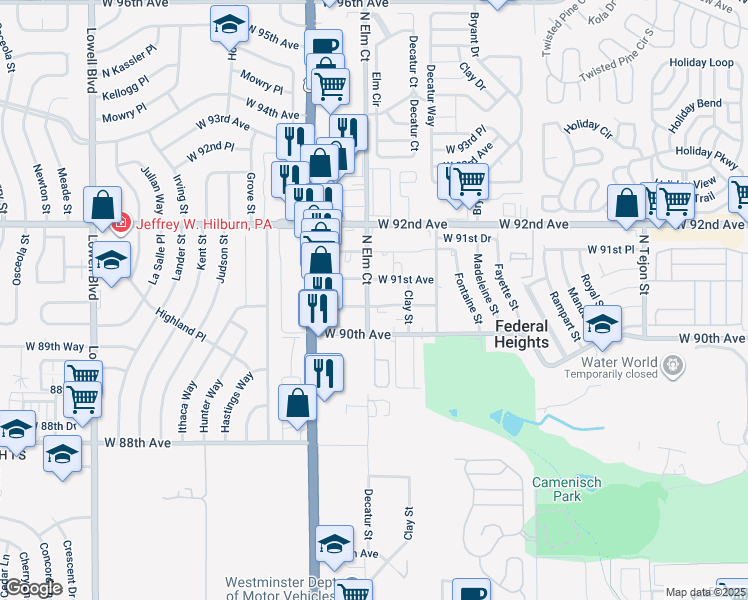 map of restaurants, bars, coffee shops, grocery stores, and more near 9062 North Elm Court in Federal Heights