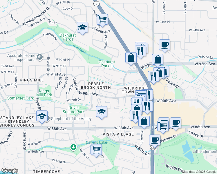 map of restaurants, bars, coffee shops, grocery stores, and more near 8167 West 90th Drive in Westminster