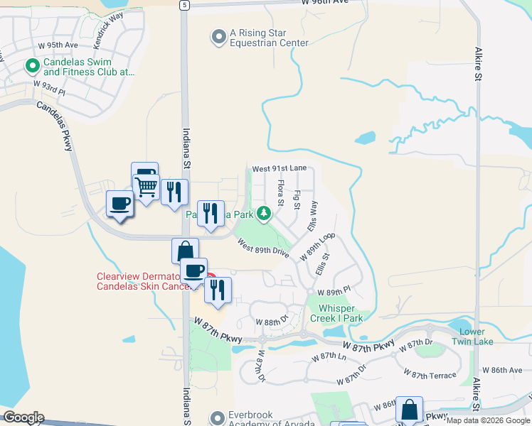 map of restaurants, bars, coffee shops, grocery stores, and more near 9075 Gardenia Street in Arvada