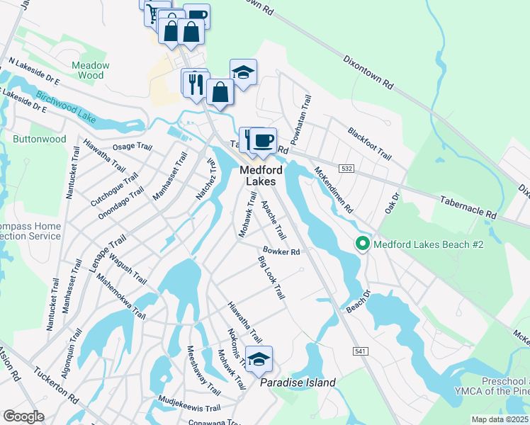 map of restaurants, bars, coffee shops, grocery stores, and more near 128 Apache Trail in Medford