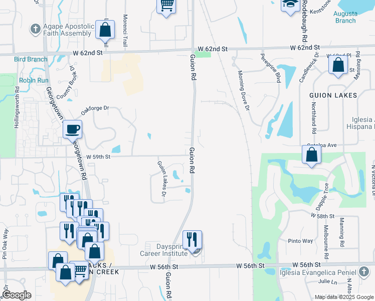 map of restaurants, bars, coffee shops, grocery stores, and more near 5906 Guion Road in Indianapolis