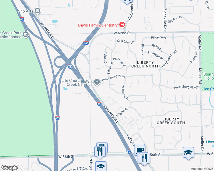 map of restaurants, bars, coffee shops, grocery stores, and more near 6053 Blackley Court in Indianapolis