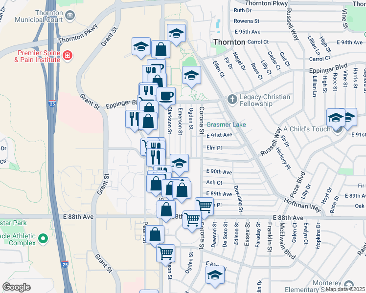 map of restaurants, bars, coffee shops, grocery stores, and more near 9050 Emerson Street in Thornton
