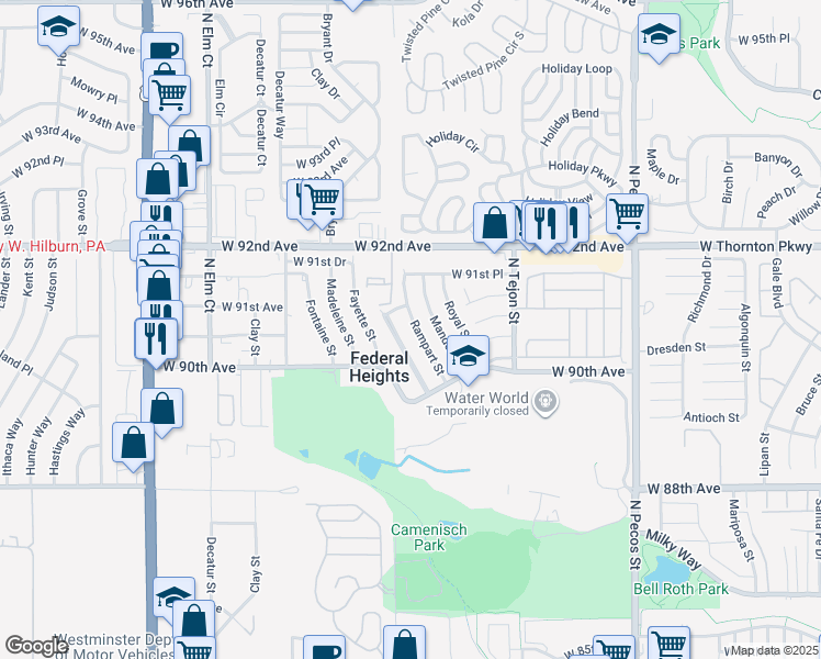 map of restaurants, bars, coffee shops, grocery stores, and more near 9061 Rampart Street in Federal Heights