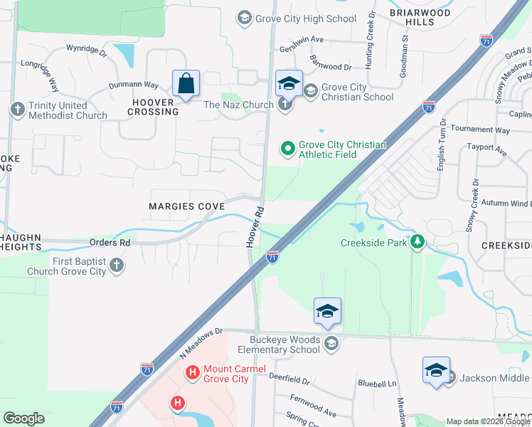 map of restaurants, bars, coffee shops, grocery stores, and more near 5004 Hoover Road in Grove City