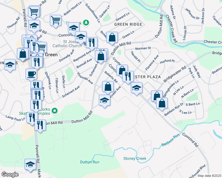 map of restaurants, bars, coffee shops, grocery stores, and more near 102 Patterson Road in Aston