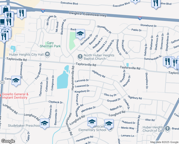 map of restaurants, bars, coffee shops, grocery stores, and more near 7385 Damascus Drive in Huber Heights